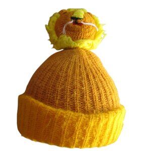 Vintage 1970s Youth Yellow Knit Lion Beanie Hat